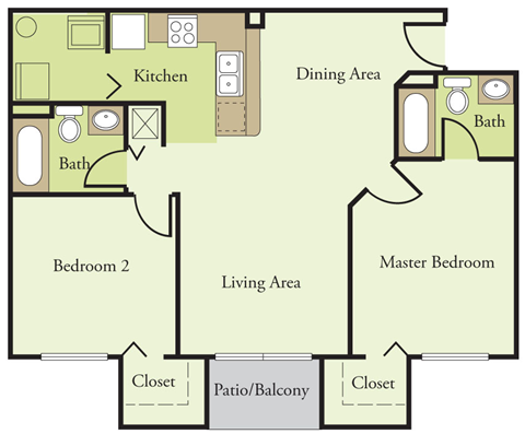 Floor plan for 2 beds, 2 baths, 966 sqft